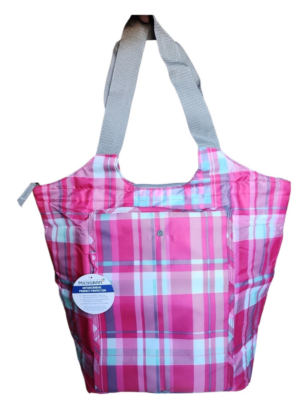 Pink Plaid Tote Bag with Gray Straps - Women's Everyday Carryall